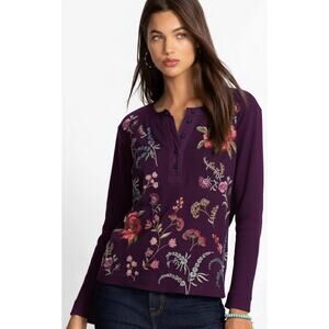 JOHNNY WAS Henley Thermal Embroidered Top, Purple, Size L